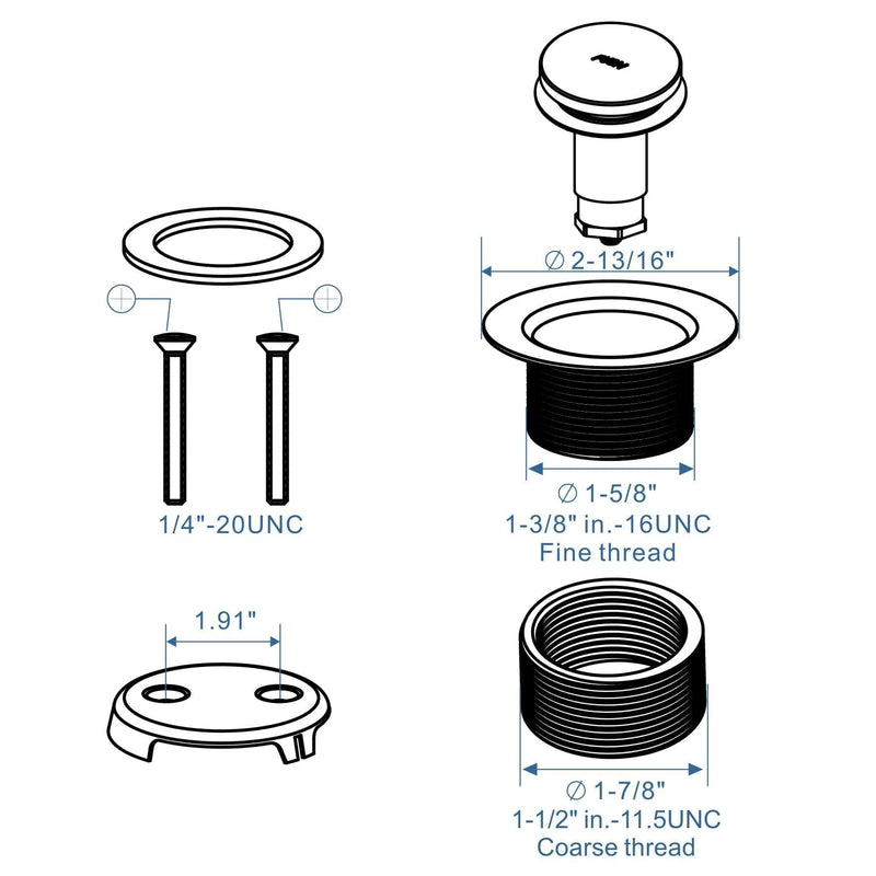 Brushed Nickel Tub Drain Tip-Toe Tub Trim Set Conversion Kit Assembly, Hidrop Bathtub Drain Replacement Trim Kit with 2-Hole Overflow Faceplate and Universal Fine/Coarse Thread, Brushed Nickel 2 Holes