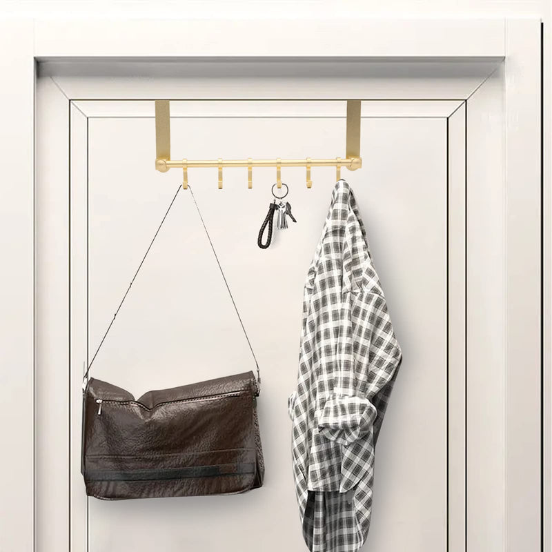Over The Door Hooks Door Hanger, Moving 6-Hooks Over Door Coat Rack for Hanging, Aluminum Heavy Duty Door Organizer for Towel Robe Hat Bag, Behind Back of Door Bathroom (Gold) Gold