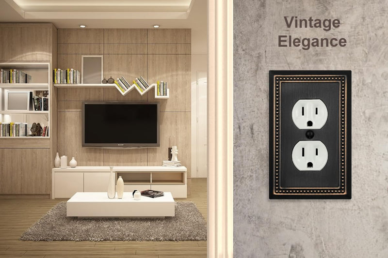 Single Duplex Outlet Light Switch Cover Belaire Beaded Metal Wall Plate, 4-Pack Aged Bronze 1 Gang, Oil Rubbed Bronze Receptacle Light Switch, Switch Cover Decorative Wallplate, Durable 1 Duplex
