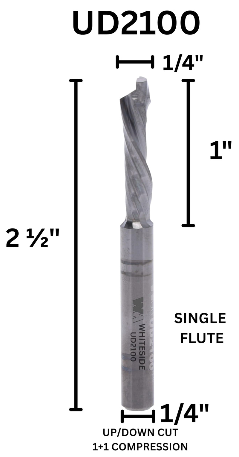 Whiteside Router Bits UD2100 Up/Down Cut Spiral Bit with Solid Carbide Compression and 1/4-Inch Cutting Diameter