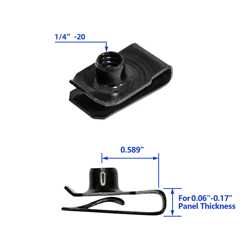 1/4"-20 Black U-Style Clip-On Nut, U-Type Carbon Steel Regular Extruded U-Nut, Pack of 20 1/4"-20 Black Carbon Steel