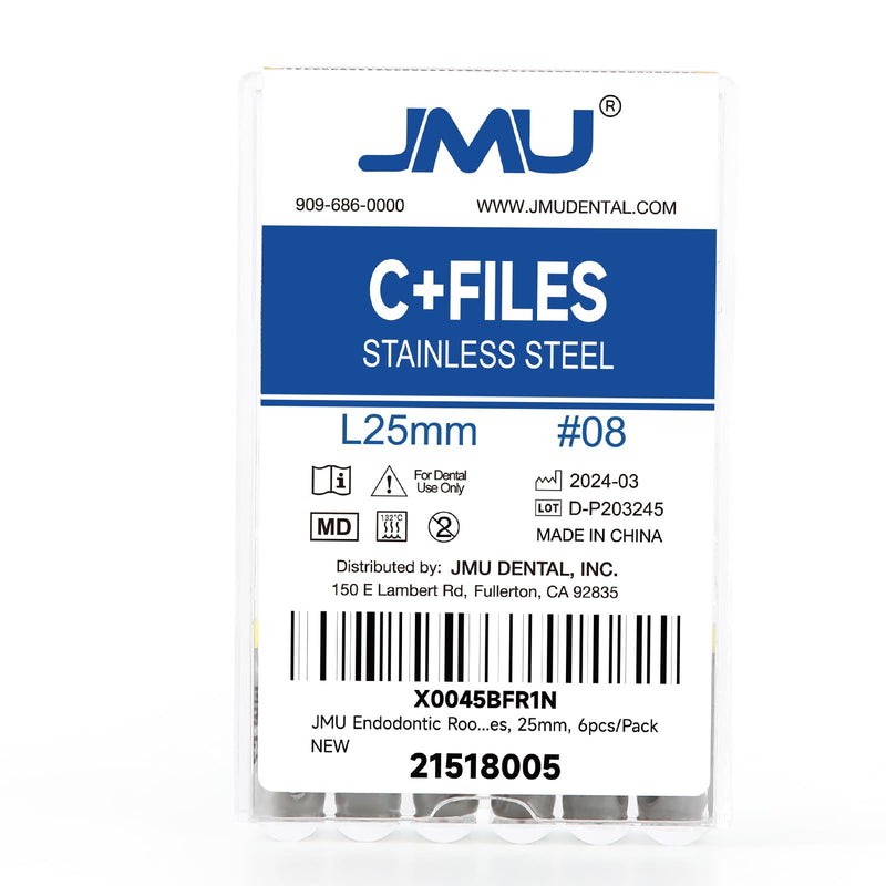 JMU Endodontic Root Canal C+ Files #08, Stainless Steel Hand Use Files, 25mm, 6pcs/Pack #08 (25mm) 1