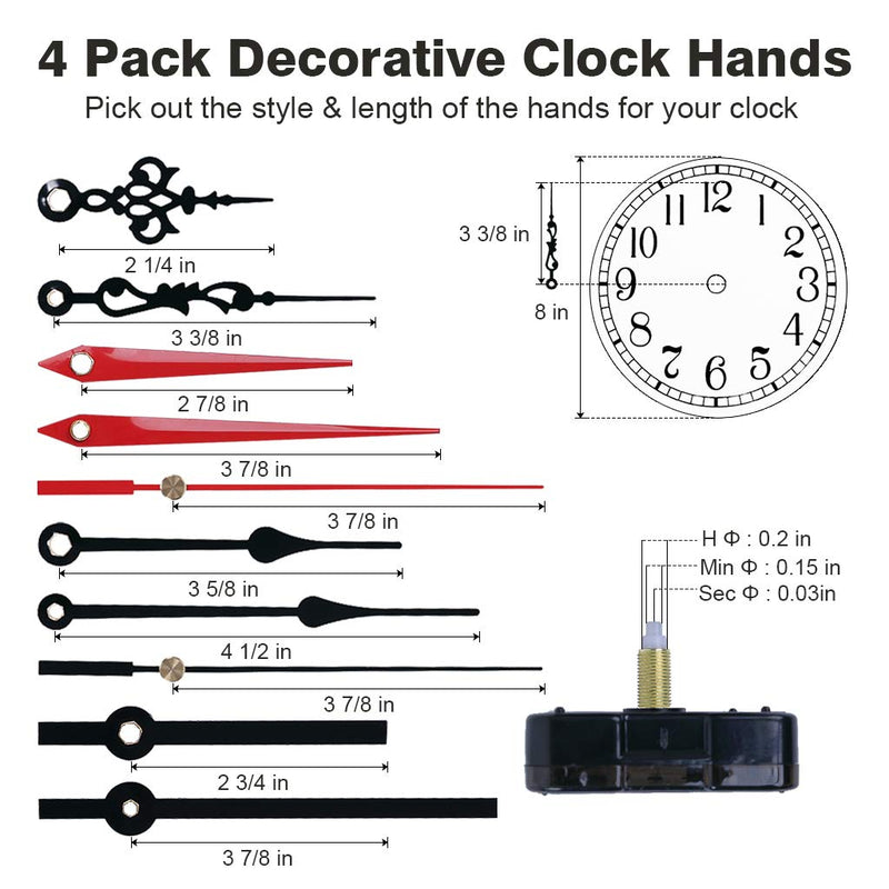 EMOON 2 Pack Wall Clock Movement Mechanism with 4 Pack Clock Hands, Silent Sweep Quartz Clock Motor Kit, for Clock Repair DIY Replacement, Custom Clock (Shaft Length 3/4 in) Total Shaft Length 3/4 in