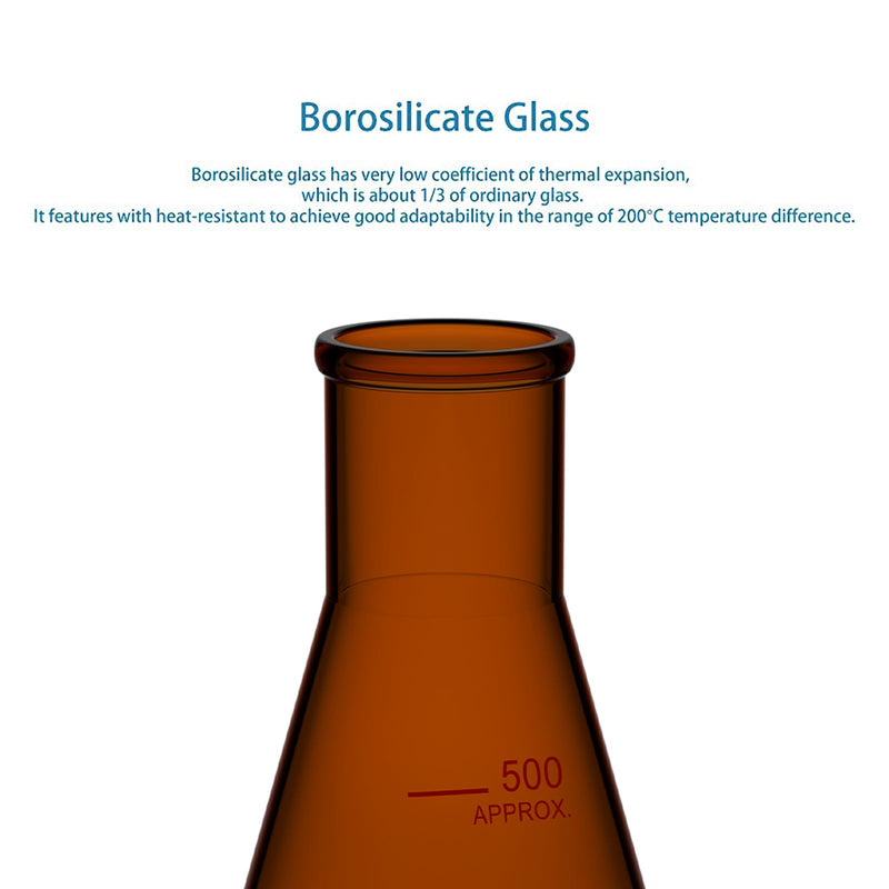 stonylab Borosilicate Glass Amber 500 ml Heavy Wall Narrow Mouth Erlenmeyer Flask with Heavy Duty Rim, Flat Bottom, Ideal for Mixing, Heating, and Lab Experiments