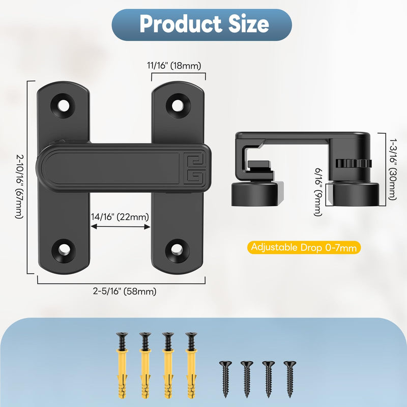 90/180 Degree Sliding Barn Door Lock, Adjustable Zinc Alloy Security Door Locks and Latches for Closets, Windows, Liquor Cabinets, Garden/Fence/Shed/Wooden Gate (Black-2PCS) Black-2PCS