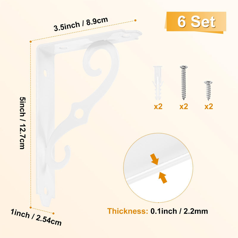 M METERXITY 6-Pack Shelf Brackets, 5 Inch Long L Shape Iron Wall Mount Shelf Support Bracket with Mounting Hardware 120 lbs Load Capacity for Home/Kitchen/DIY Decorative [White]