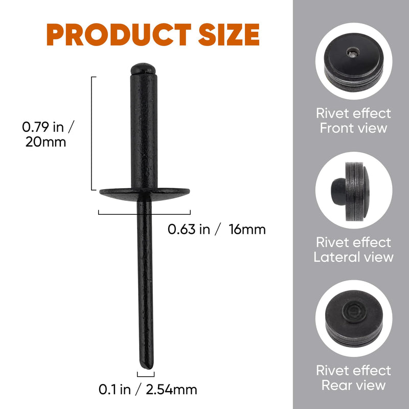 90pcs All Black Large Flange Blind Rivets,3/16 * 3/4" Open End Aluminum Blind Rivets,4.8 * 20 Pop Blind Rivet 3/16"*3/4"