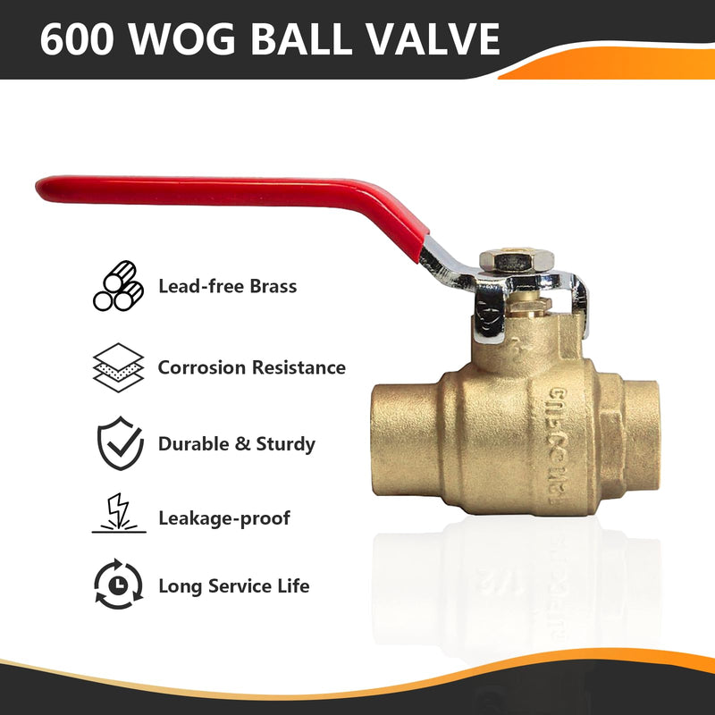 2-Pack 3/4 Inch Sweat Ball Valve, Brass Full Port Shut-off Valve,3/4" SWT x 3/4" SWT, 600 WOG (Water, Oil and Gas),Red 3/4 INCH,2 PACK SWEAT,RED