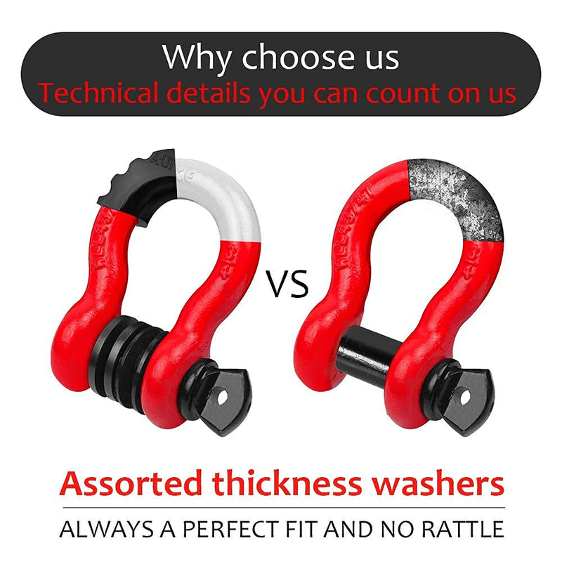 AUTOBOTS Shackles 3/4" (2 Pack), D Ring Shackle 45,000Ib Max Break Strength with 7/8" Pin & Isolator Washers Heavy Duty Clevis Tow Shackle for Tow Strap Jeep Vehicle Off Road Recovery Red-Black