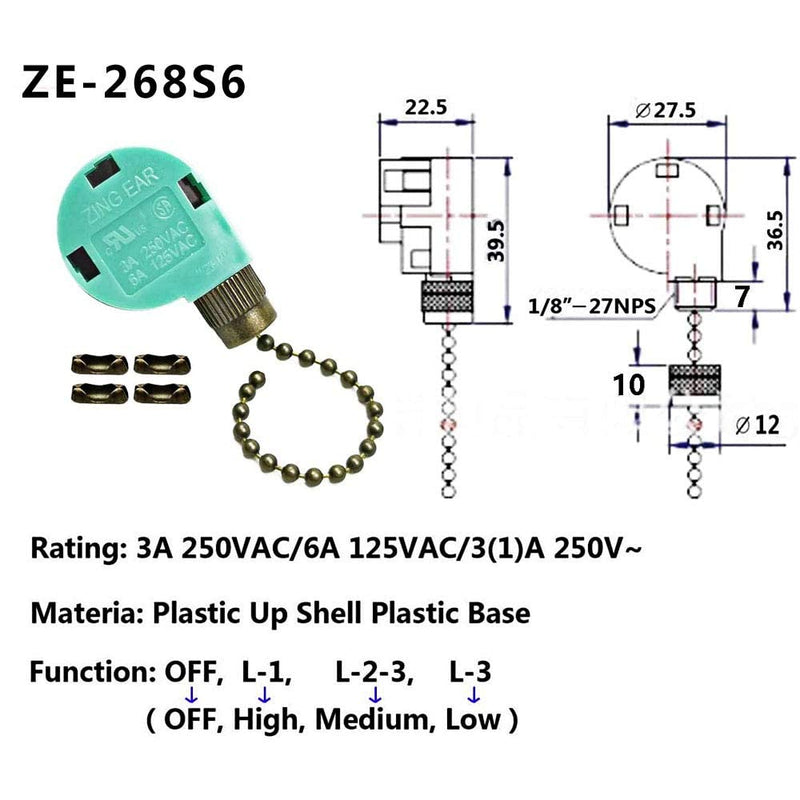 Ceiling Fan Switch ZE-268S6 3 Speed 4 Wire Bronze Zing Ear For Ceiling Light Fans Lamps and Wall Lights Pull Chain Switch Replacement On-Off with Pull Chain,1 Pack