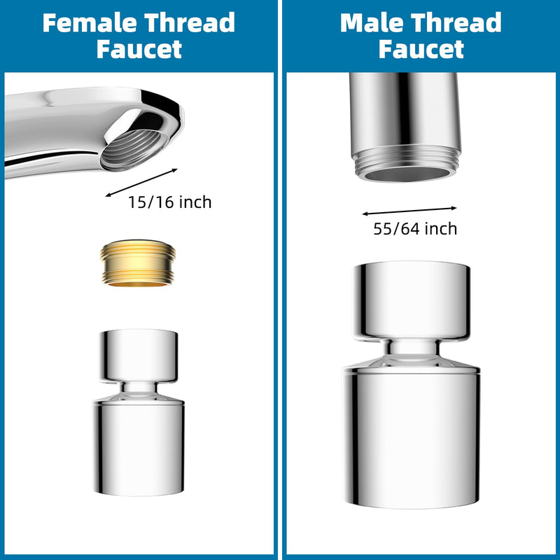 Hibbent NSF/ANSI/CAN 61 Certified Faucet Aerator, CUPC Certification 360° Twist Kitchen Sink Aerator, Dual-function Sink Sprayer Attachment, Faucet Replacement Part 55/64'' Female Thread, Chrome Classic 360 Degree Faucet Aerator