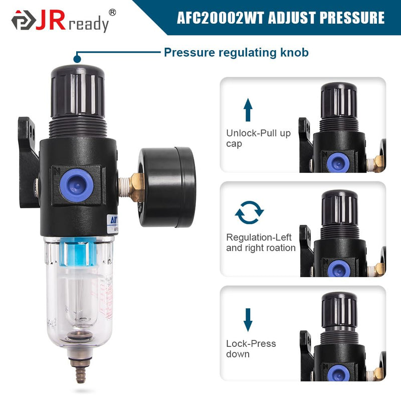 JRready Pneumatic Crimping Machine Accessory Tool, AFC20002WT Air Compressor Regulator with Gauge 1/4" Air Pressure Regulator Water Separator for Air Compressor Pneumatic Crimping Tools