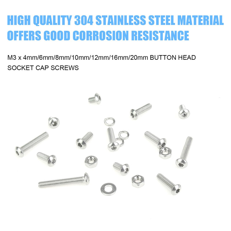 DYWISHKEY 566 Pieces M3x 4/6 /8/10 /12/16 /20mm Button Head Socket Cap Screws Nuts Washers Assortment Kit, M3 Screw Kit, 304 Stainless Steel