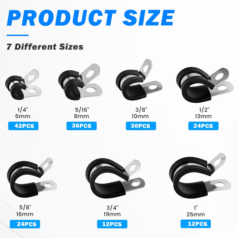 180 Pcs Cable Clamps Assortment Kit, 304 Stainless Steel P Clamps with Rubber Cushion, 7 Sizes (1/4"-1") for Hose, Pipe, Wire, Fuel Line, Automotive, Marine, RV 180 Pcs