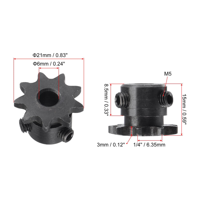 uxcell #25 Chain Roller Sprocket, 6mm Bore 1/4" Pitch 9 Tooth Single Strand Chain Sprocket, C45 Carbon Steel 25 Roller Chain Sprocket with Set Screws for ISO 04C Chain, 2Pcs 21mmx6mm