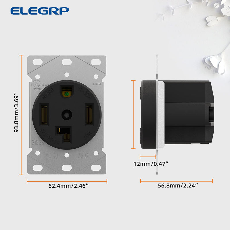 ELEGRP 30 Amps 125/250V Dryer Outlet, Flush Mounting Power Outlet, NEMA 14-30R, Straight Blade Heavy Duty Dryer Receptacle, Grounding, 3 Pole 4 Wire, UL Listed, 1 Pack NEMA 14-30R Outlet