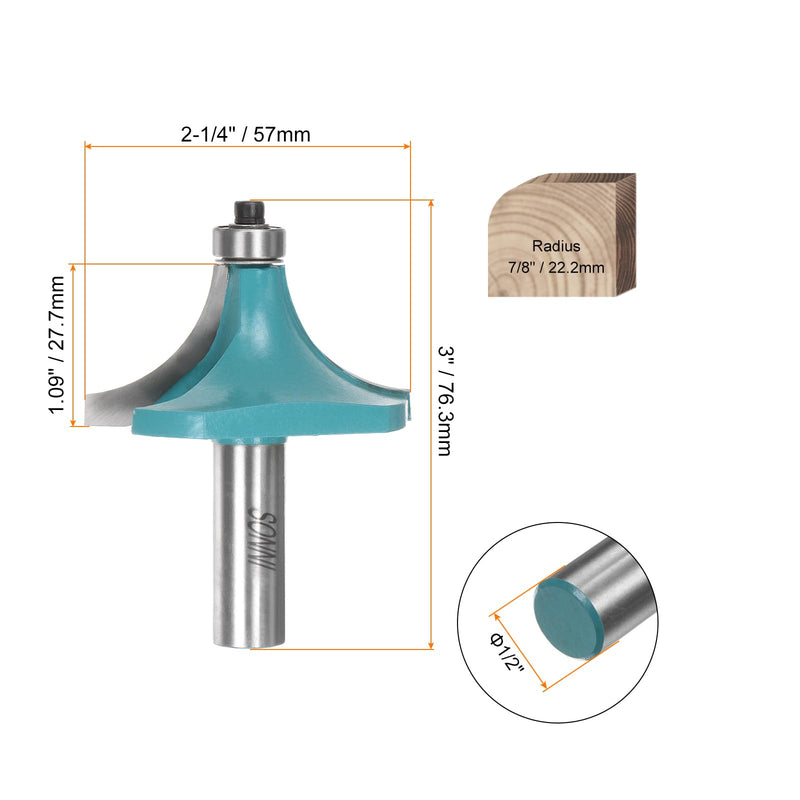 HARFINGTON 2pcs Roundover Router Bit 1/2 Shank 7/8" Radius Carbide Tipped Edge Rounding Over Bit with Bearing Guide, Woodworking Milling Tool, Cyan 1/2" Shank x 7/8" Radius 2