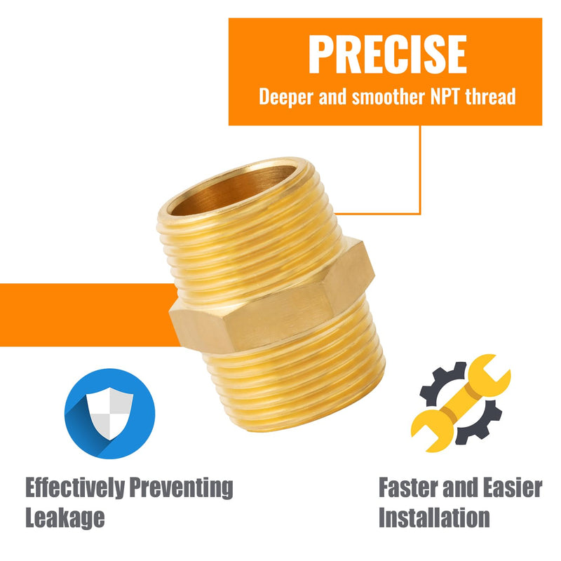 SUNGATOR Solid Brass Pipe Fitting, 1/2-Inch x 1/2-Inch NPT Male Pipe Hex Nipple, 1/2'' Male to 1/2'' Male Brass Pipe Extension Fitting, Brass Hex Nipple for Shower, Oil, Water Line,Spigot,Gas (2-Pack) 1/2" Male NPT-2 Pack
