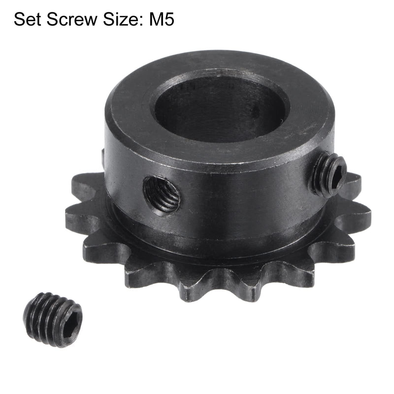 uxcell 15 Tooth Roller Sprocket B Type, #25 Chain, Single Strand 1/4" Pitch, 14mm Bore Black Oxide C45 Carbon Steel with Set Screws for ISO 04C