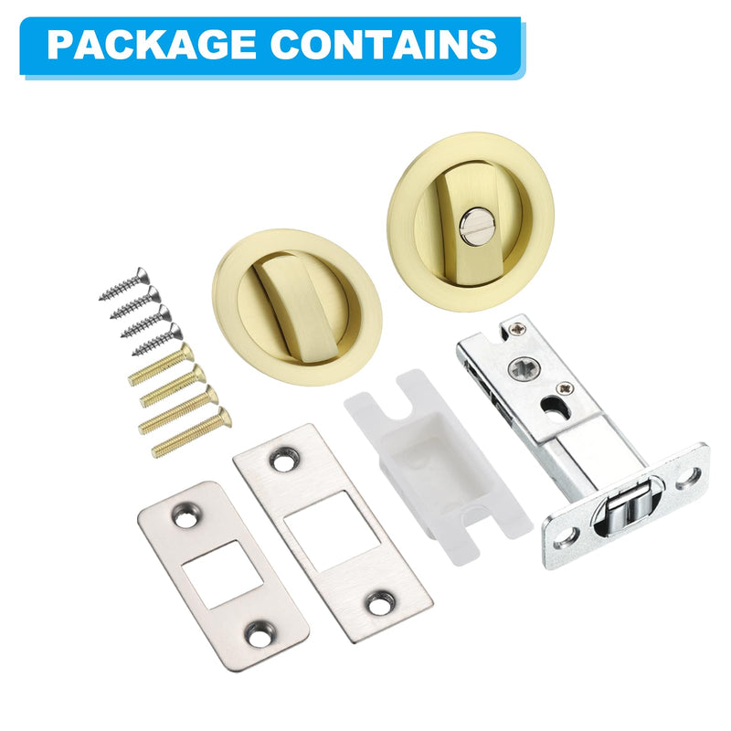 PATIKIL Round Recessed Door Lock, Pocket Door Lock Invisible 2 Sided Hardware Privacy Sliding Door Latch for 1-3/8" to 2" Thickness Door, Gold