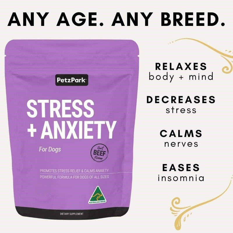 Stress and Anxiety Supplement for Dogs - Calming Dog Powder Supplement - Decreases Stress, Calms Fear & Anxiety, Eases Aggression & Insomnia, Relaxes Body and Mind - Beef Flavour - 3.2oz - 45 Scoops - PawsPlanet Australia