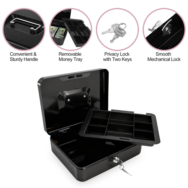 8" Cash Box with Money Tray | Metal Money Safe Lock Box Storage with Key for Valuables | Five Compartment Cash Tray Coin Drawer | 7.79"x6.30"x3.34" | Black Medium