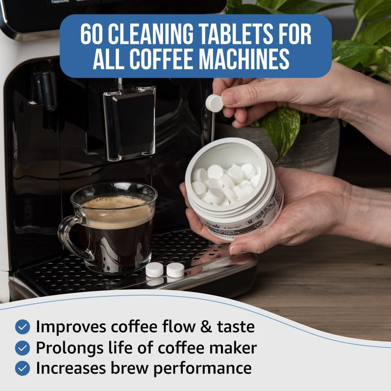 Caffenu Espresso Coffee Machine Cleaning Tablets 60 count use every 100 cups. Auto, Superautomatic & Bean to Cup. Use with Descaling