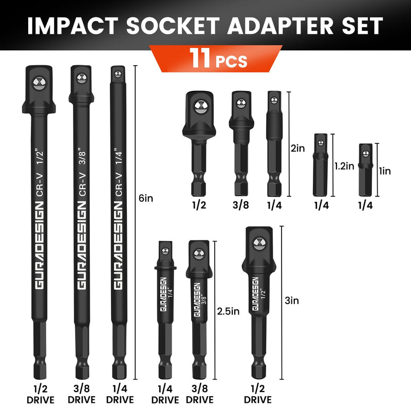 11-Piece Impact Socket Adapter Set for Drill, 3-Inch and 6-Inch Hex Shank Impact Driver Socket Adapter, Socket to Drill Adapter 1/4" 3/8" 1/2" Impact Driver Adapter