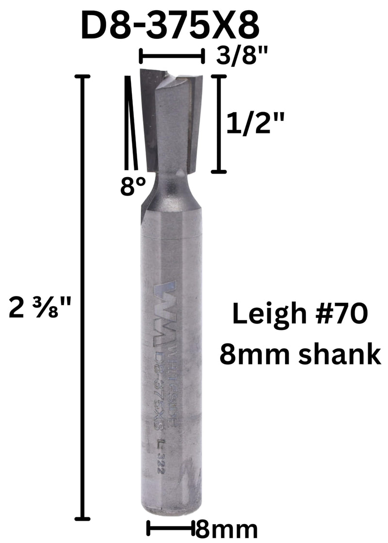 Whiteside Router Bits D8-375x8 Dovetail Bit with 3/8-Inch Large Diameter 1/2-Inch Cutting Diameter and 8mm Shank