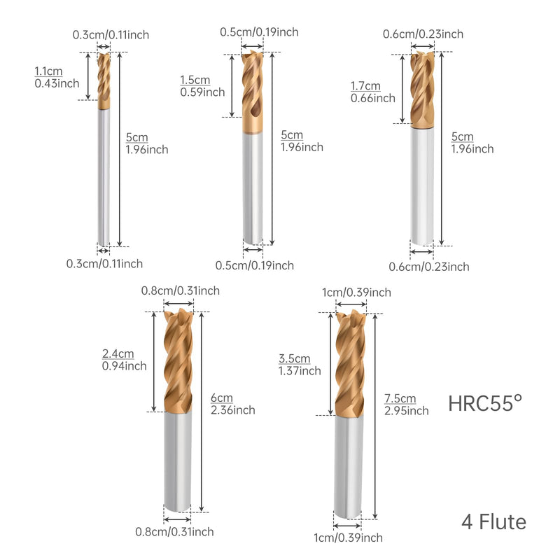 5 Pcs Tungsten Carbide End Mills Set - 1/8" 3/16" 1/4" 5/16" 3/8", 4 Flutes CNC Milling Cutters for Hardened Steel, Alloy Steel, Cast Iron (AlTiN TiSiN Coated) 3-5-6-8-10mm 5Pcs