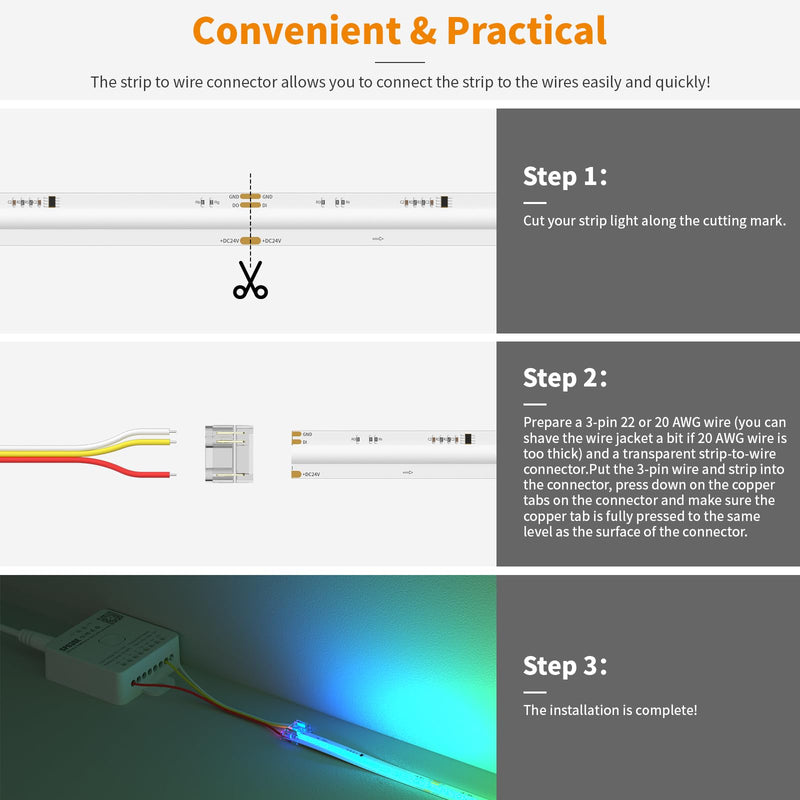 PAUTIX 12mm Connectors for RGB Smart IC COB LED Strip Light,3-Pin Solderless Terminal Connection Kit,Dual-End Extension Connector,Strip to Male Plug Connector,Gapless Connector,Strip to Wire Connector Connector Kit