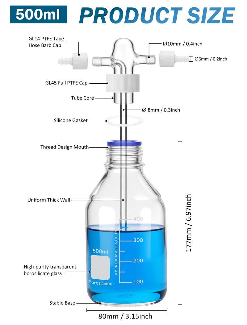 Lab Gas Washing Bottle with GL45 Screw Cap, Graduated Laboratory Buffer Bottles, Drechsel Head with Detachable Hose Connectors, 500ml, White PTFE Lid, Up to 250℃, Acid and Alkali Resistant PTFE-Caps