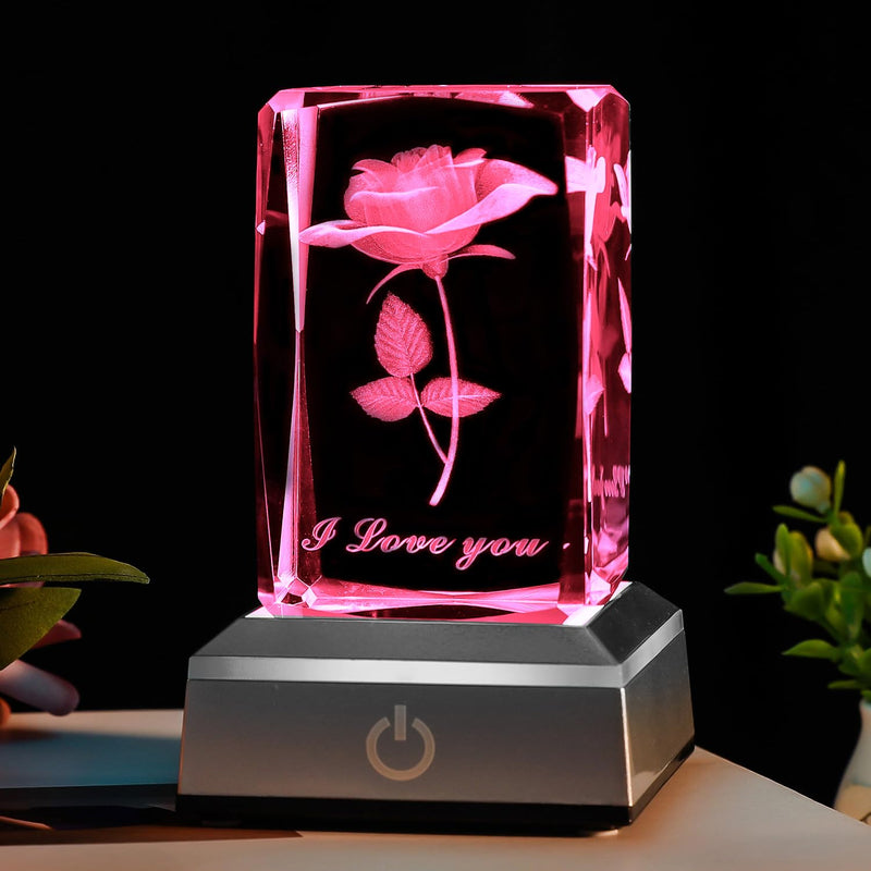 BAHUJIDA 3D Rose Crystal with LED Color Lamp, Mothers Day Gift，Birthday Present for Girlfriend, Wife, Mother, Friendship and Love Commemorate Unique Anniversary Rose Rose 1
