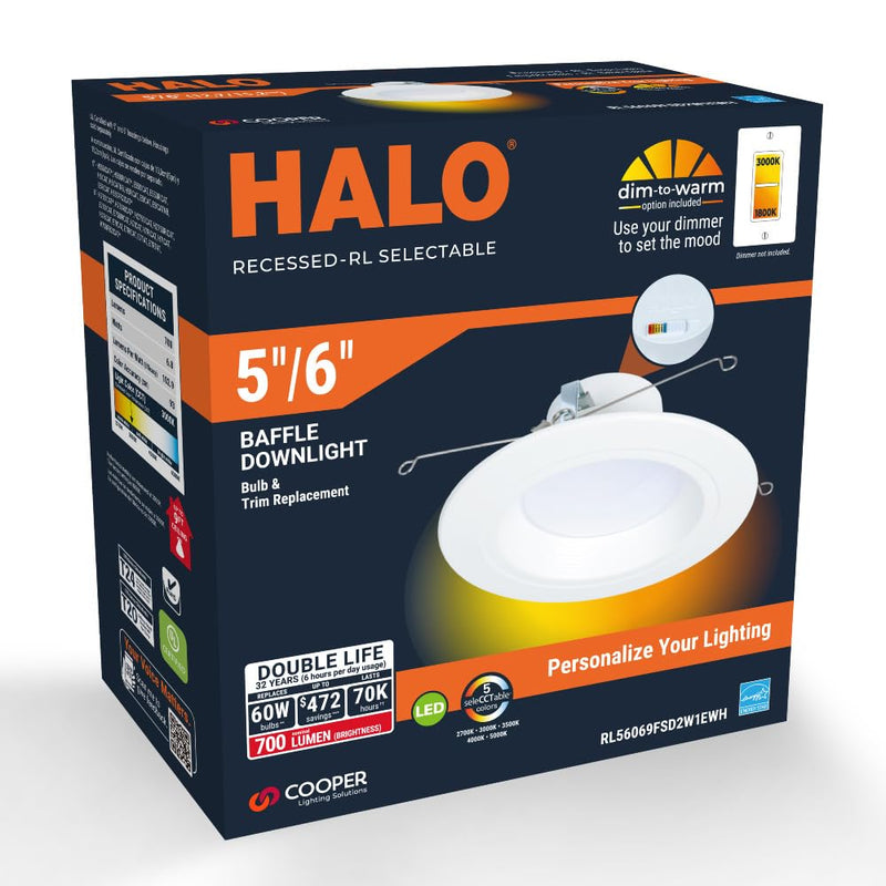 HALO RL Series 5/6 inch Recessed LED Retrofit Light, Selectable CCT (2700K-5000K) Integrated LED, Dim to Warm, White Retrofit Baffle Trim, 700 Lumens 600 Lumens