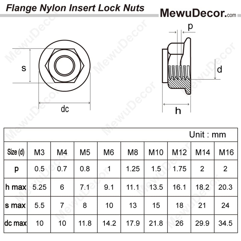 M6-1.0 Flange Nylon Insert Lock Nuts Flanged Locknuts, DIN 6926, Stainless Steel 18-8 (304), Bright Finish, 25 PCS M6