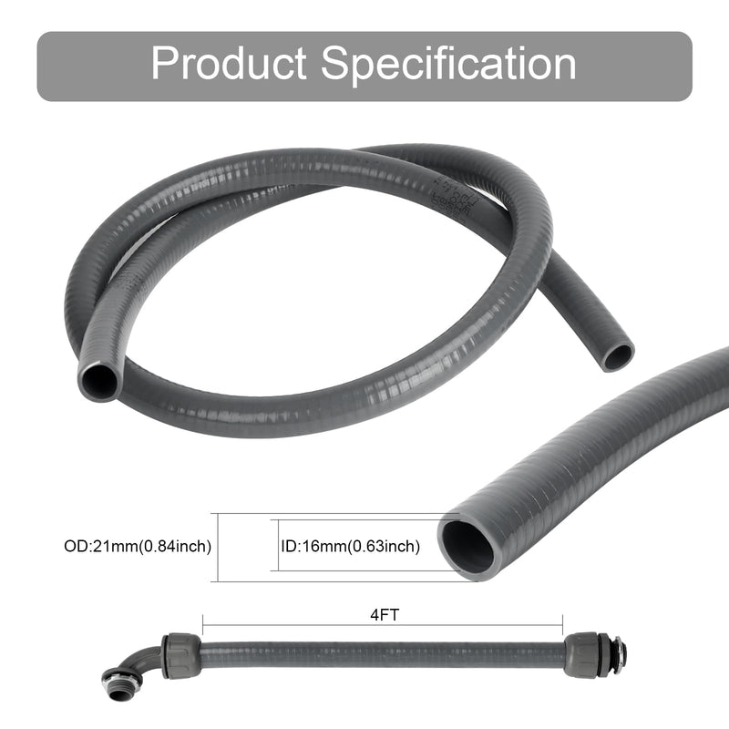 Electrical Conduit Kit 1/2'' 4FT Grey Electrical AC Whip Kit, Liquid-Tight Flexible Electrical Conduit with 90 Degree and Straight Connector Fittings 1/2inch 4ft