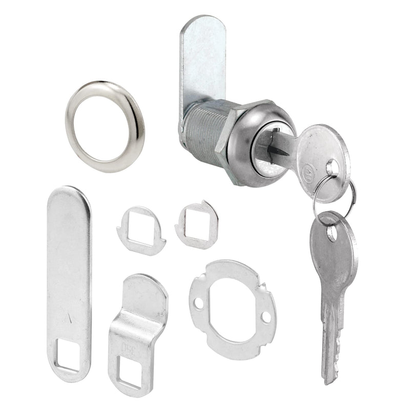 Prime-Line U 9943 Diecast Drawer and Cabinet Lock – 3 Cams, Trim Collar, 2 Washers, 2 Keys and Fasteners – 7/8 In. Length for 9/16 In. Max Panel Thickness, Stainless Steel (1 Set) 9/16 in.