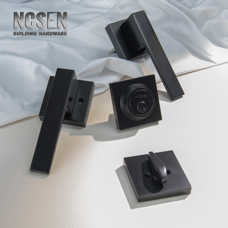 Matt Black Front Door Lockset, Exterior Door Lock with Deadbolt, Black Door Handles with Lock 1