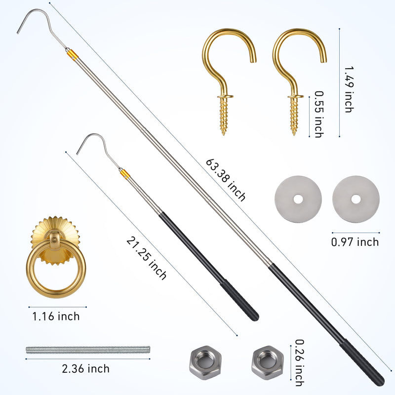 Attic Ladder Pull System Kit - Attic Pull Down System Hook Set Replacement for Cord Ropes with 60 Inch Extension Pole and Copper Storage Hook Handle Parts Tool