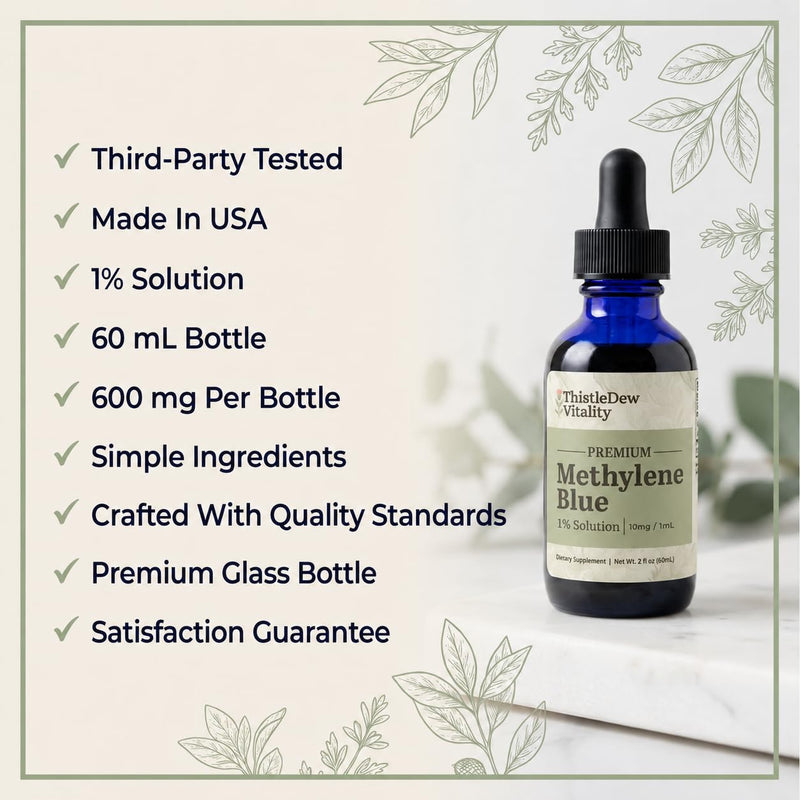 Methylene Blue | 1% USP-Pharmaceutical Grade (10mg/mL) | High Purity Liquid 2 fl oz (60 Servings) | Supports Cellular Energy, Focus, Cognitive Function & Mitochondria