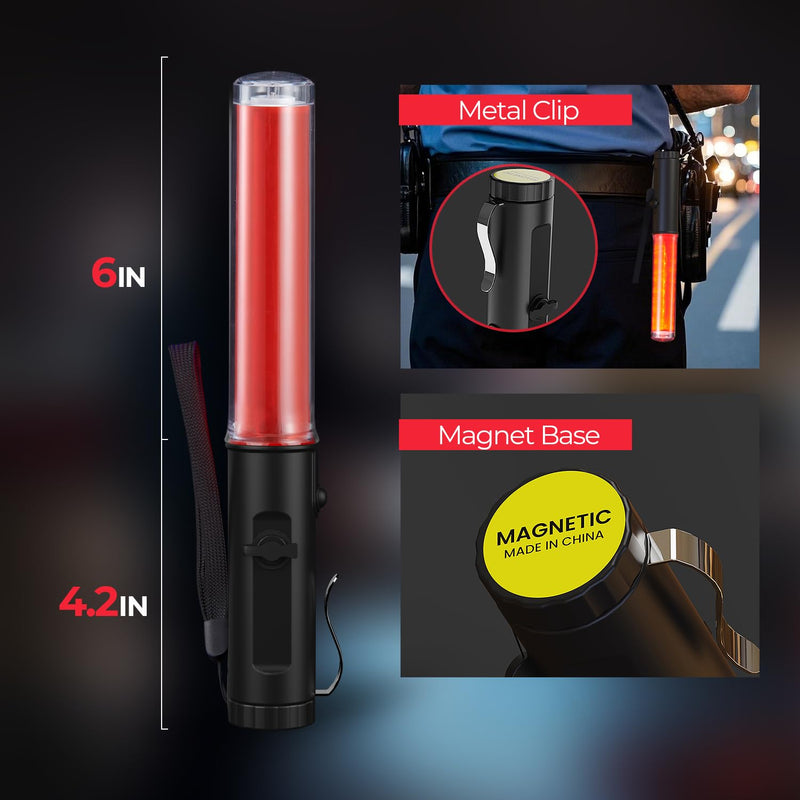 Traffic Wand Rechargeable, 10 Inch Traffic Control Baton Light with 2 Flashing Modes and 1 White LED on Top, Air Marshaling Signal Wand with Side Clip for Airport, Parking, Car Directing, 1 Pack Red