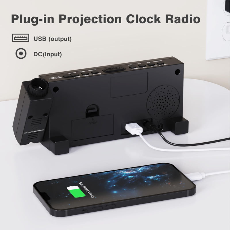 Mesqool Projection Alarm Clock with FM Radio,Large Number Display & Dimmer,USB Charger,Sleep Timer,Battery Backup,Dual Alarms,Clock Radio for Bedroom Heavy Sleepers White Digits