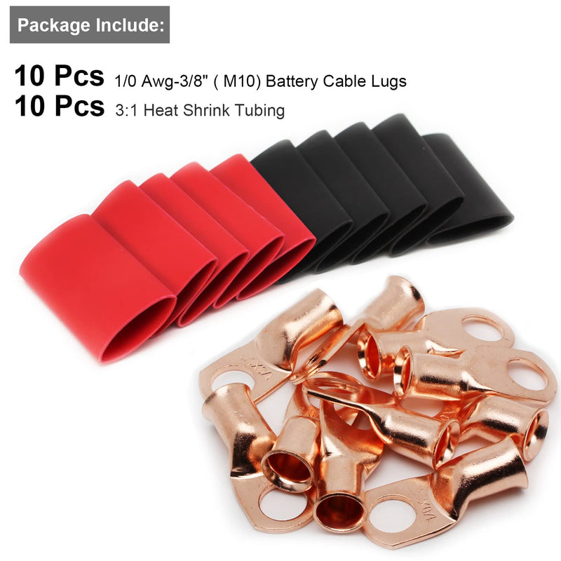 TKDMR 10pcs 1/0 AWG-3/8 Battery Lugs,Heavy Duty Wire Lugs,Ring Terminals,Battery Cable Ends,0 Guage terminals,Battery Terminal Connectors with 10pcs 3:1 Heat Shrink Tubing 1/0 Awg - 3/8" (M10) Ring 10