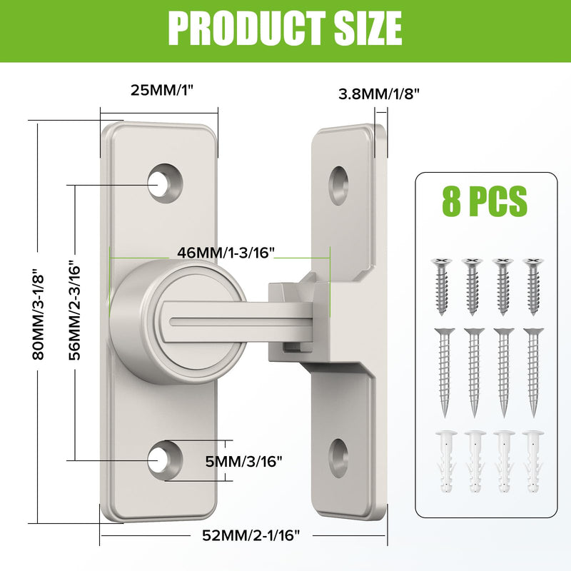 Barn Door Lock Hardware, 90 Degree Heavy Duty Safety Gate Latches Flip Bolt Latch Lock, Barn Sliding Door Latch Suitable for Garden, Bathroom, Outdoor, Window (Nickel-2PCS) Nickel-2PCS