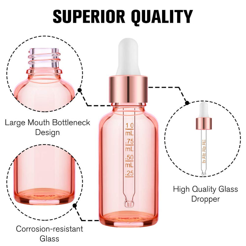 PrettyCare 4 Pack 1oz Eye Dropper Bottle Rose for Essential Oils with Measured Pipettes, 30ml Glass Bottles with Eye Droppers Tincture Bottles, Leak Proof Travel Bottles Pink