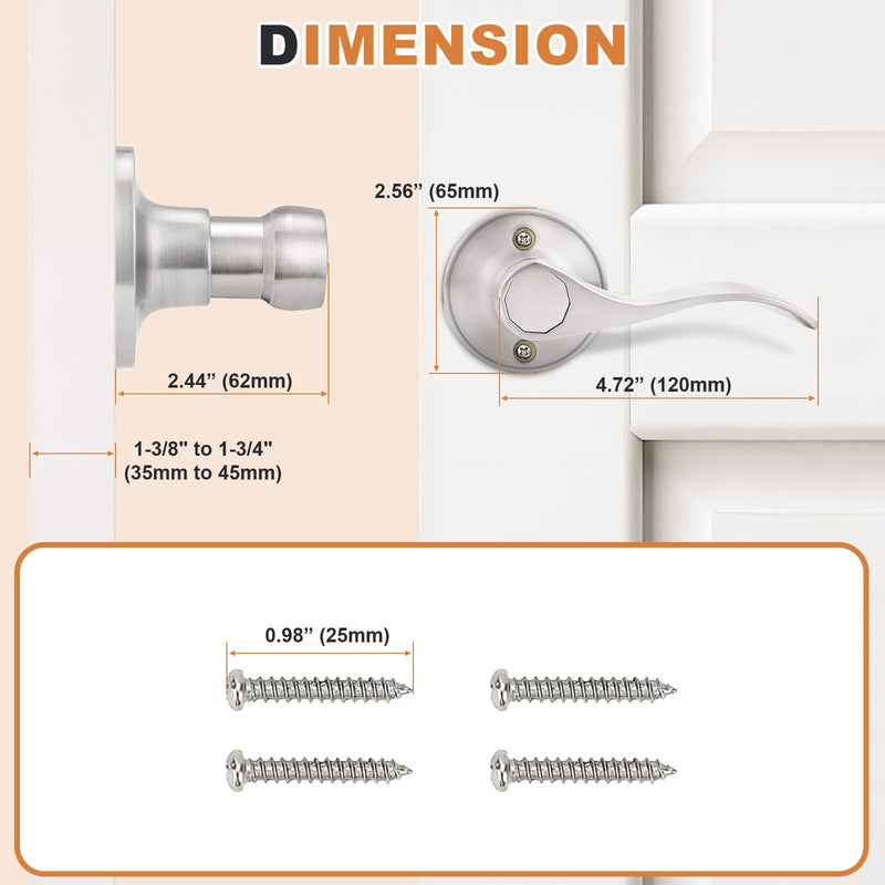 Probrico Dummy Door Handles Two Pairs, Brushed Nickel Interior Dummy Door Lever for Hallway Closet, No-Turning Reversible Door Lever Wave Style 2 Satin Nickel