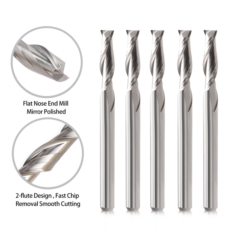 CNC Router Bits 1/8" Shank CNC Bit End Mill 1/16" Cutting Dia Flat Nose Carbide Endmill Two Flute Spiral Upcut Milling Cutter Tool Set for Wood PVC MDF Hardwood (10) 10