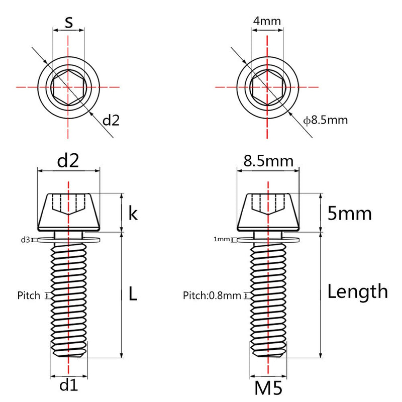 Titanium Ti Allen Hex M5x16 18mm Tapered Head Bolt with Washer Screw for Bicycle Stem Parts Pack of 6 (Ranibow, M5x16mm) Ranibow