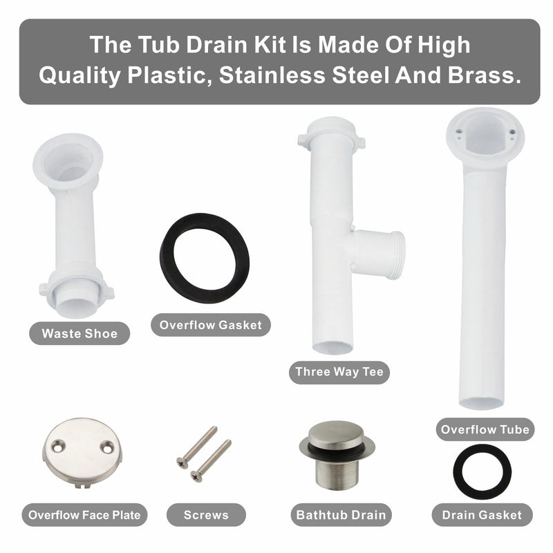 Brushed 1-1/2" Tubular Bath Drain Kit with Tip Toe Bathtub Drain Stopper, Wellup Tub Drain Kit Bath Waste and Overflow Cover, PVC Plastic Pipe for Standard Size Tubs, Brushed Nickel
