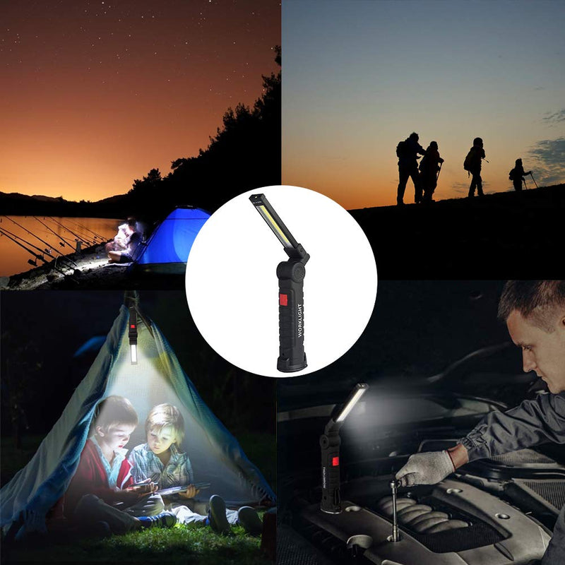 2Pack LED Work Lights, USB Rechargeable COB Light with Magnetic Base 360°Rotate and 5 Modes, Folding Flashlight Inspection Mechanic Light for Car Repairing, Workshop, Household and Emergency Use,Large 2Pack Black